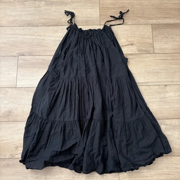 J Crew Tie Shoulder Tiered Mini Dress‎ Black L Swing Babydoll Cotton Minimalist - Picture 2 of 6